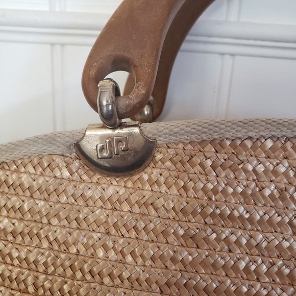 Pier Giorgio Womens Bag Straw Wood Handles Rhinestone Crescent Zip Closure Italy - Picture 6 of 10